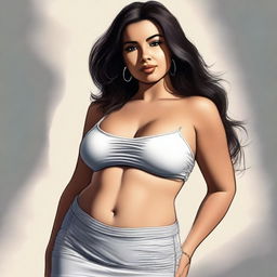 This is a piece of high-quality digital art, depicting a sexy Latina girl with a bloated belly, wearing a tight skirt