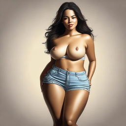 This is a piece of high-quality digital art, depicting a sexy Latina girl with a bloated belly, wearing a tight skirt