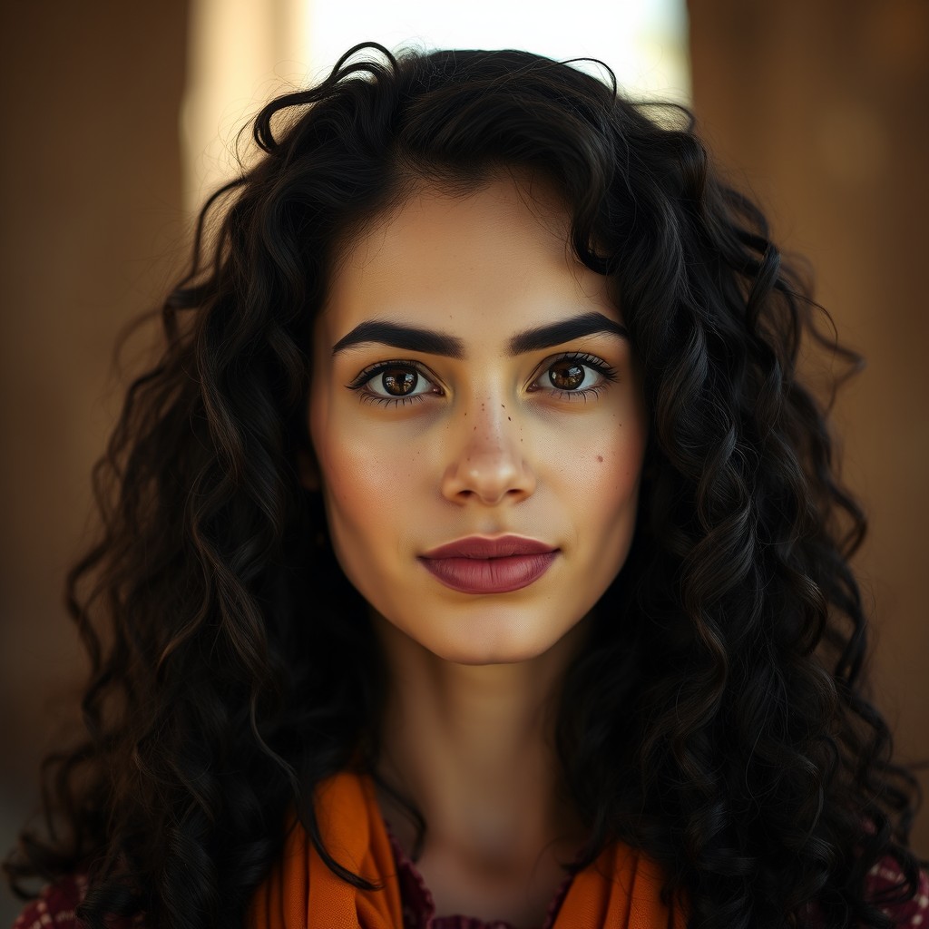A portrait of a 30-year-old Arab woman with a captivating presence, featuring her white skin that beautifully contrasts with her rich, black curly hair cascading down her shoulders