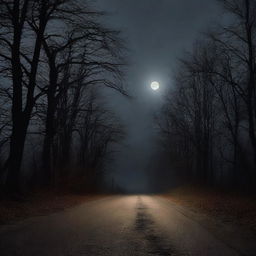 Capture the haunting solitude of a poorly lit, winding road, cloaked in darkness with distant moonlight providing nominal illumination.