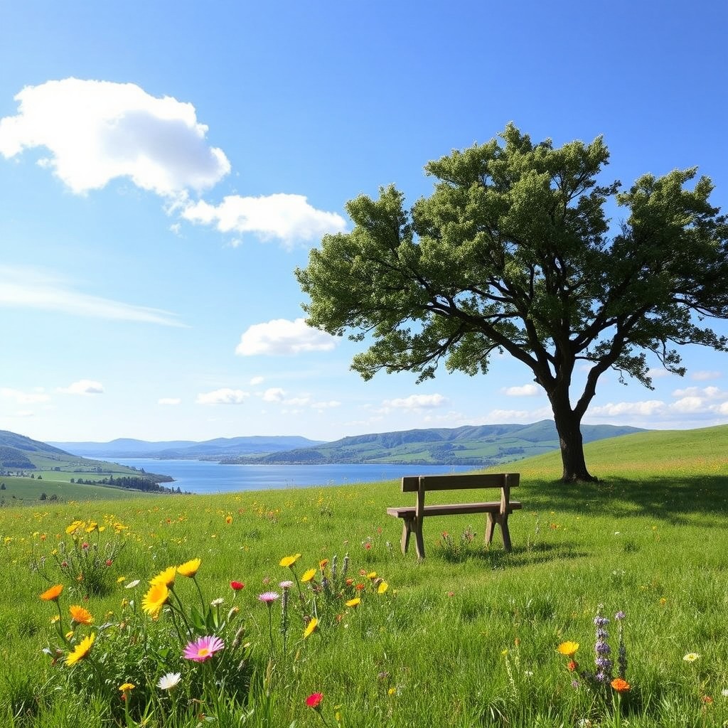 A serene landscape depicting a peaceful scene that evokes a sense of tranquility and calmness