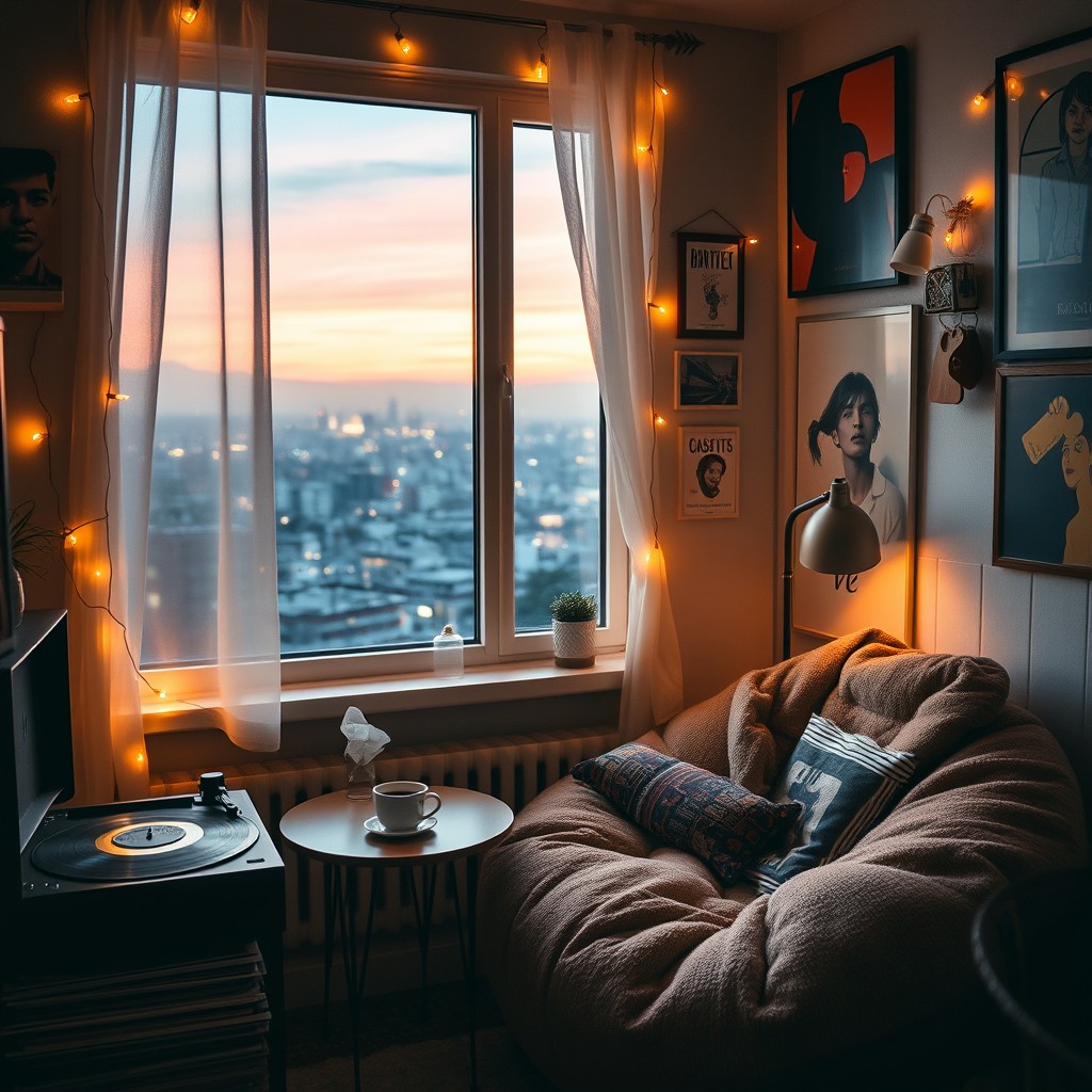 A cozy, inviting room filled with soft, ambient lighting, featuring a vintage record player and stacks of vinyl records