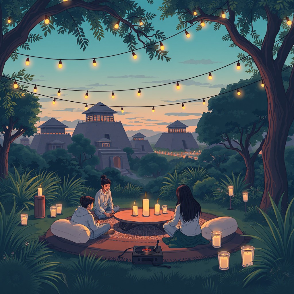 A serene Sumerian-inspired outdoor scene blended with a LOFI aesthetic
