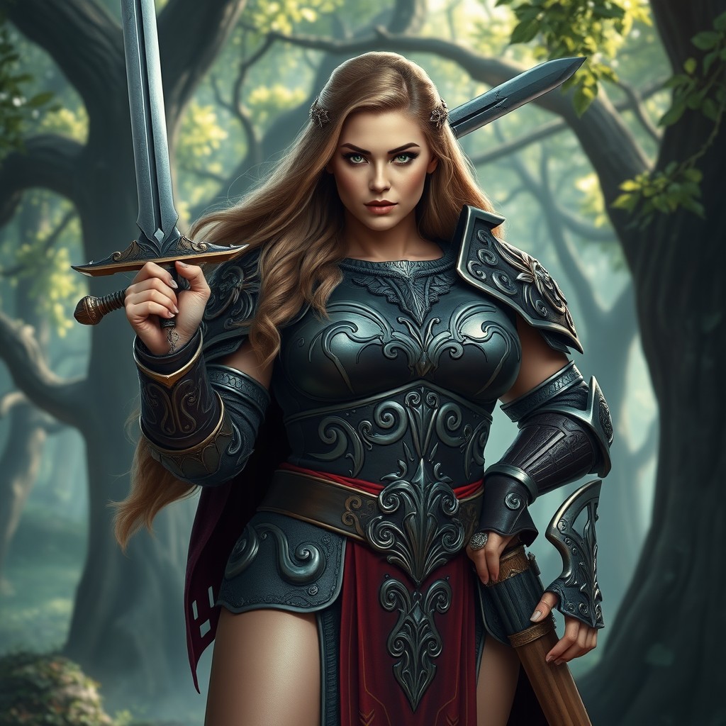 A strong and beautiful female warrior, characterized as plus-sized, showcasing her strength and confidence