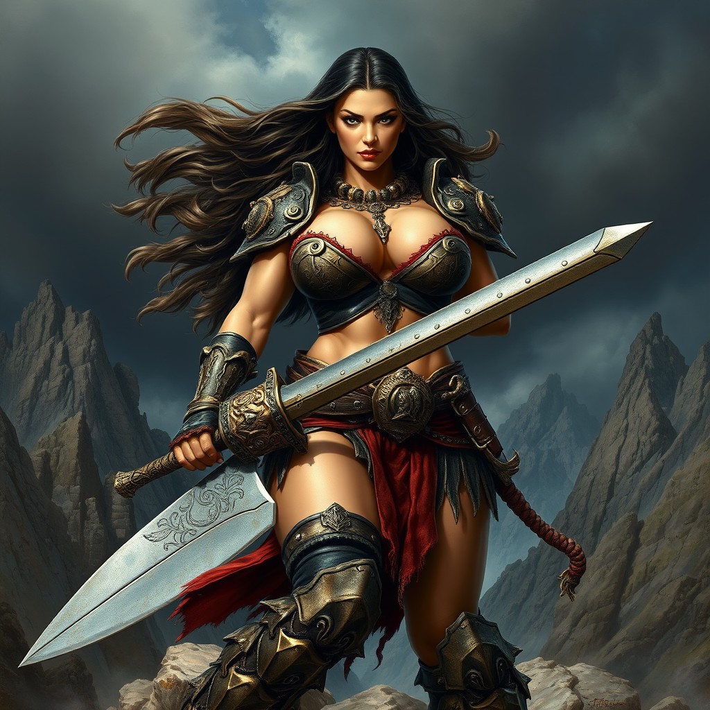 A bold and powerful BBW (big beautiful woman) warrior, depicted in the iconic Frank Frazetta style