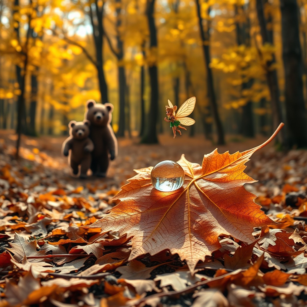 In a picturesque autumn forest, a charming couple of bears strolls along a path carpeted with dry, vibrant maple leaves