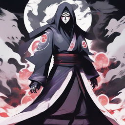 An image of the Ghost of the Uchiha, haunting yet majestic. He's clothed in spectral samurai armor with Uchiha clan emblems, his ephemeral entity glowing softly in the darkness, representing the enduring spirit and legacy of the Uchiha.