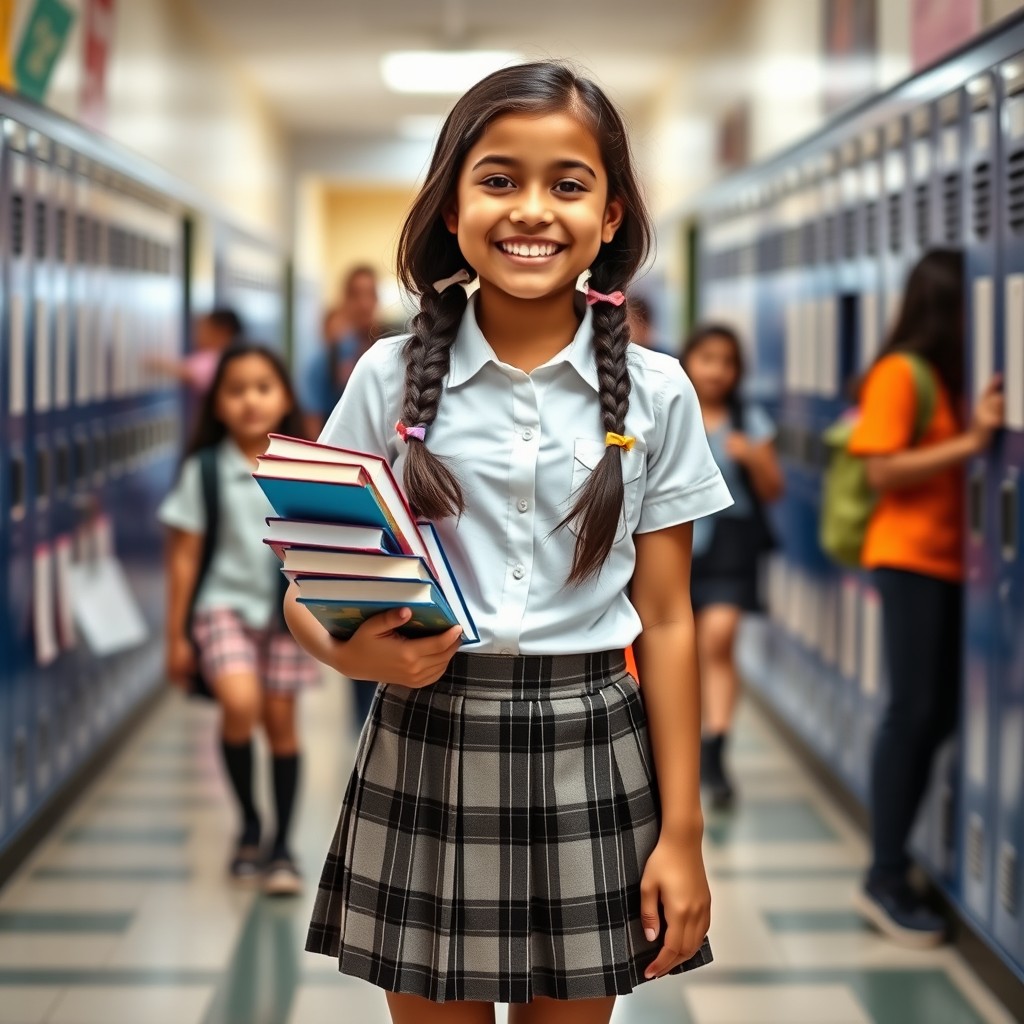 A vibrant and charming Latina schoolgirl, wearing a classic school uniform consisting of a fitted white blouse, a plaid skirt, and knee-high socks
