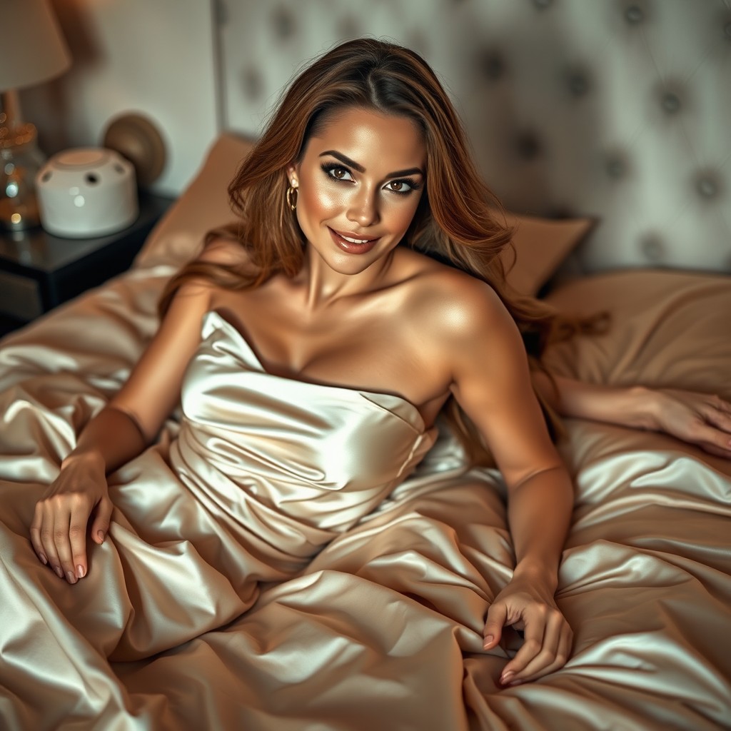 A stunningly beautiful woman lying on a luxurious bed, clad in elegant satin sheets