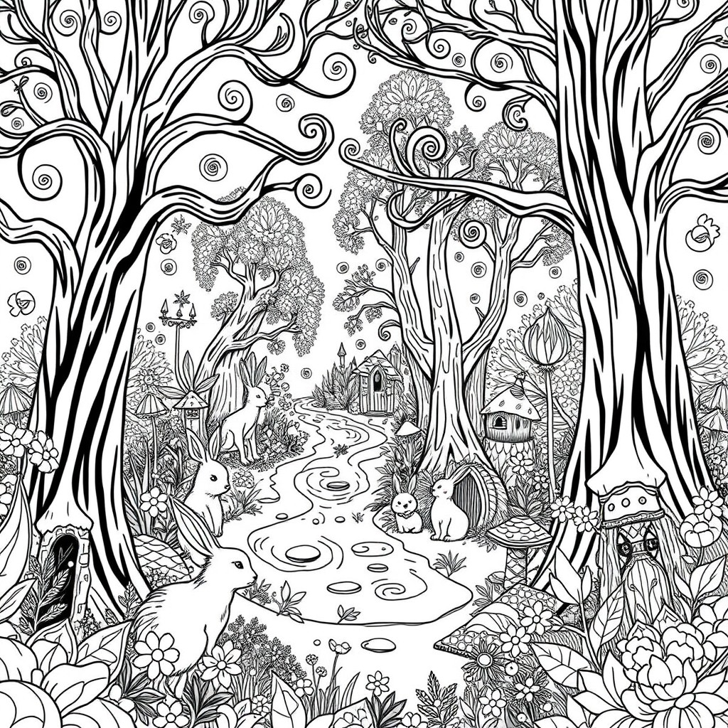 A whimsical and intricate coloring book page design featuring an enchanted forest scene