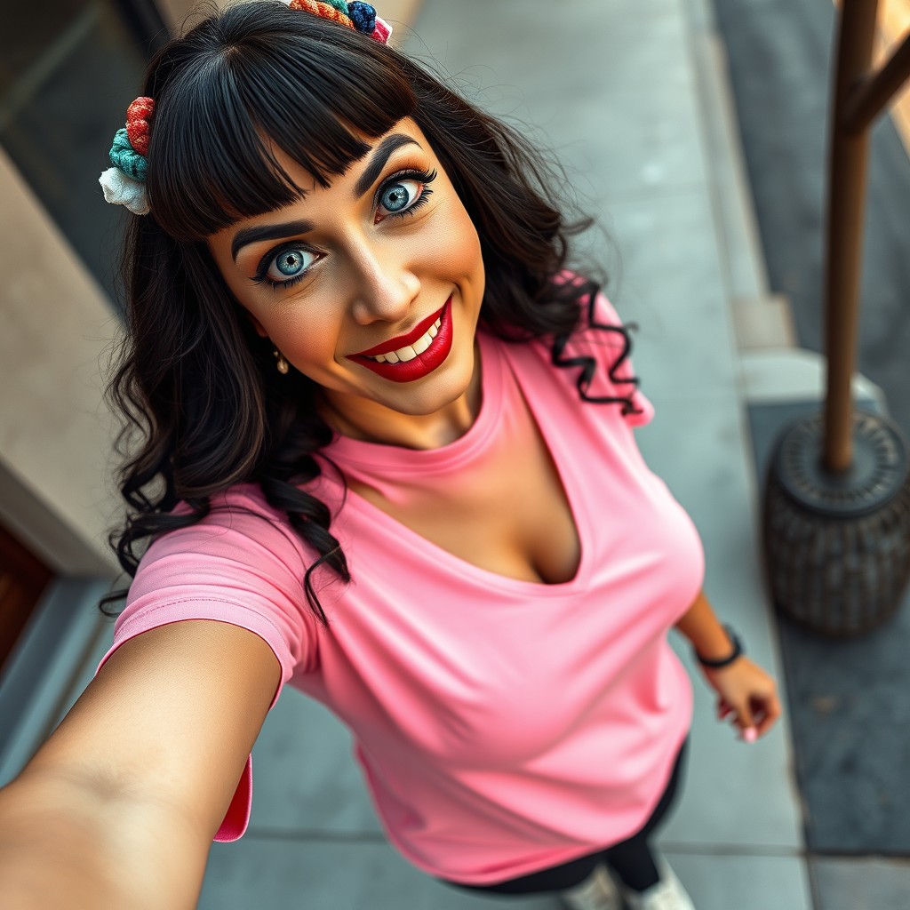 A realistic depiction of a 50-year-old Latina woman of short stature, featuring large sky-blue eyes and long wavy black hair with bangs, adorned with two colorful hair accessories