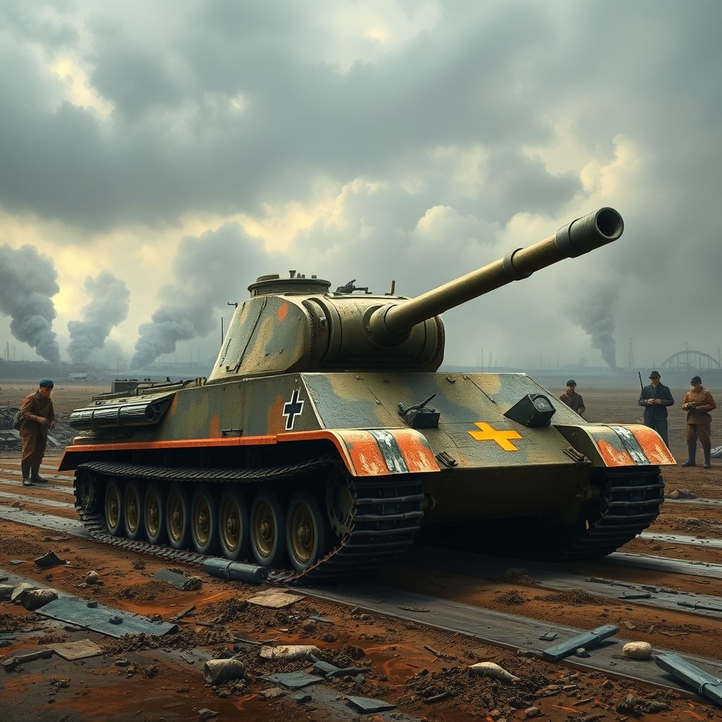 A detailed and realistic depiction of a Sturmtiger tank positioned on a battlefield