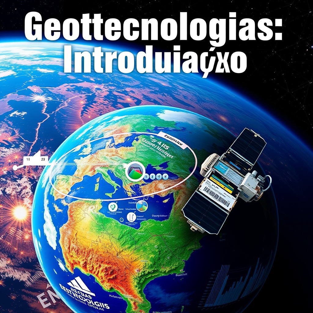 A captivating book cover design for 'Geotecnologias: Introdução', featuring an artistic representation of a satellite in orbit above the Earth