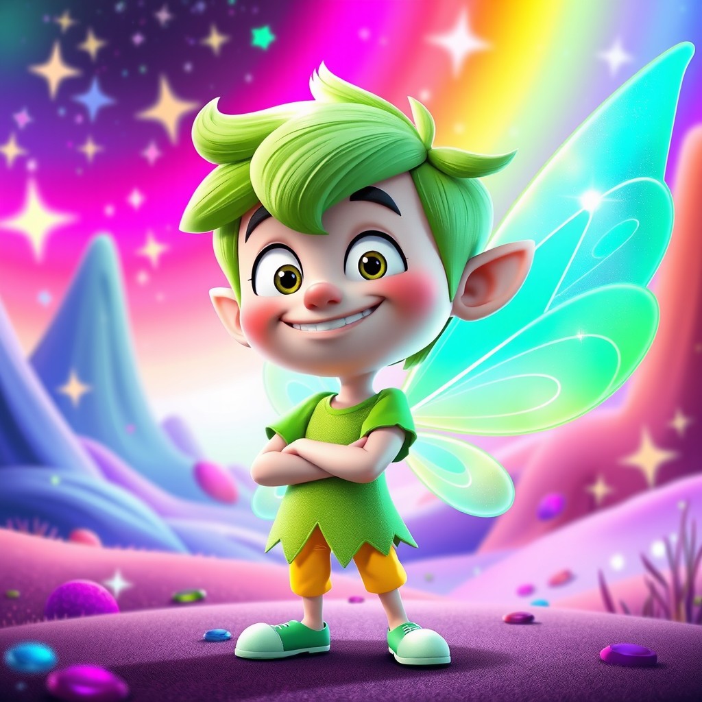 An animated character inspired by Cosmo from The Fairly OddParents, portraying a whimsical fairy with bright green hair and a goofy, cheerful expression