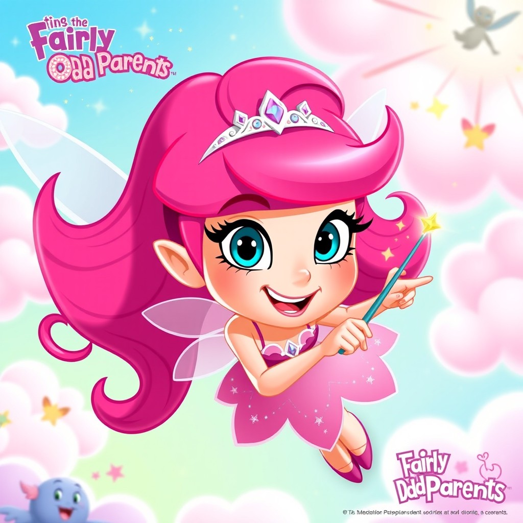 Wanda from The Fairly OddParents, depicted in a vibrant animated style, showcasing her signature pink hair and tiara, with an expressive facial expression