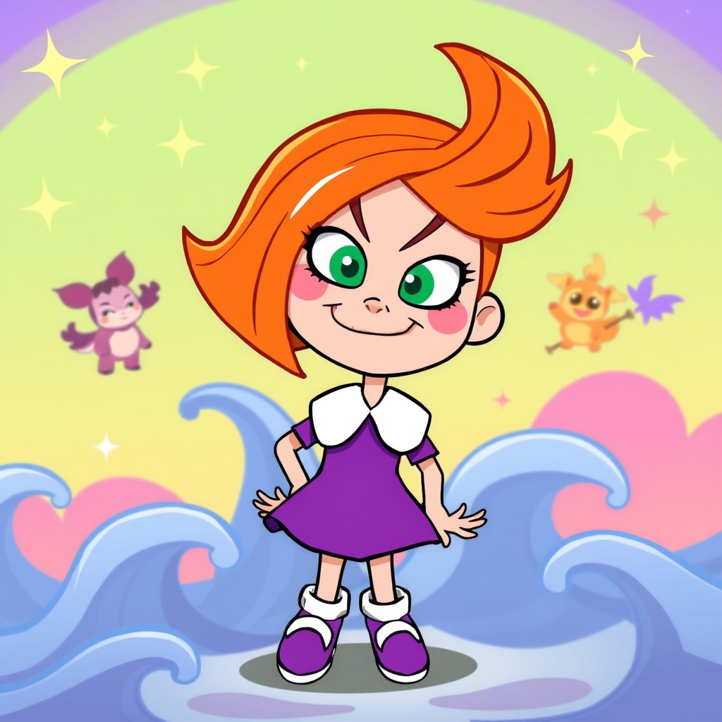 A vibrant and playful scene featuring Vicky, the mischievous babysitter from The Fairly OddParents, depicted in a cartoonish, animated style