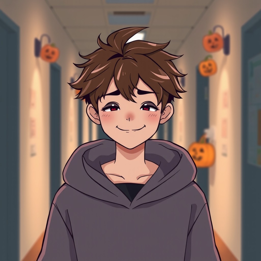 A playful teenage boy with messy hair wearing a cozy hoodie, featuring a mischievous smile