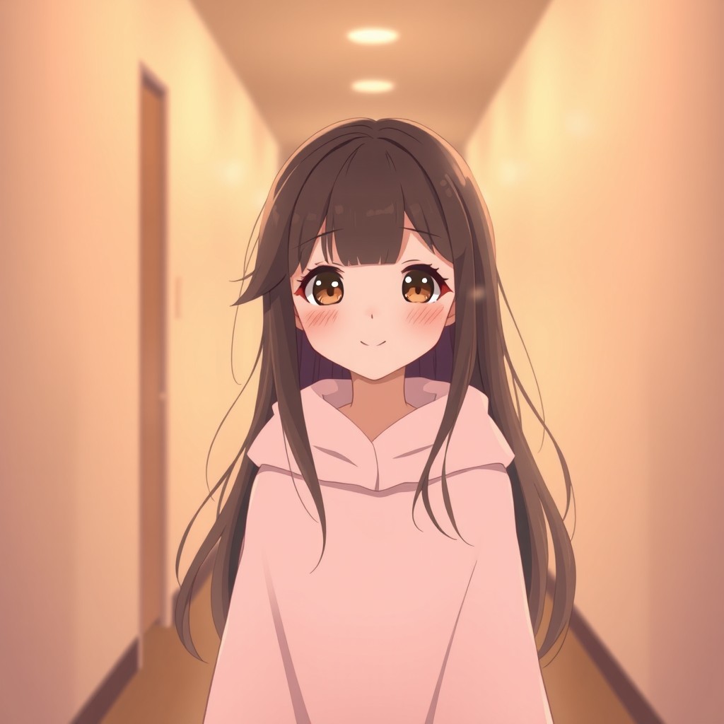 A gentle teenage girl with long flowing hair and soft, expressive eyes, depicted in a minimalist kawaii style