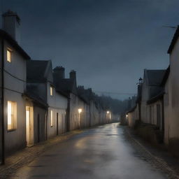 Visualize a dark, winding road with a sparse scattering of dimly lit houses on the left, bathed in pale moonlight, creating a sense of isolation and solitude.