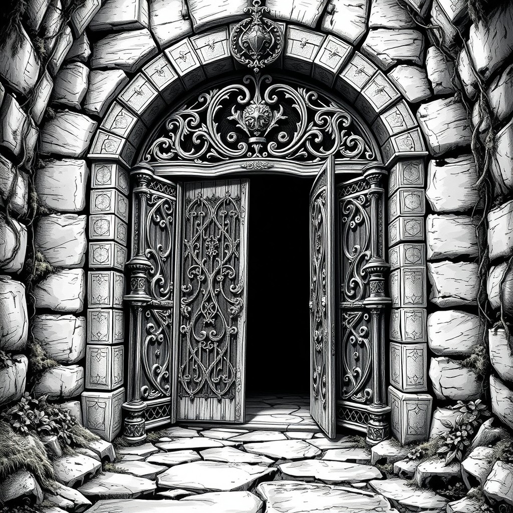 A massive black and white illustration of a medieval dungeon entrance featuring a grand double door, heavily adorned with intricate carvings and wrought iron details