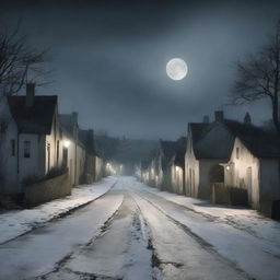 Visualize a dark, winding road with a sparse scattering of dimly lit houses on the left, bathed in pale moonlight, creating a sense of isolation and solitude.