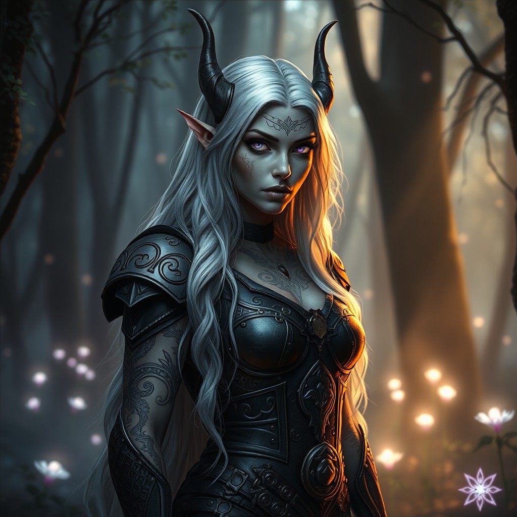 A strikingly elegant dark elf with intricate tattoos adorning her skin, long silvery hair cascading down her back, wearing elaborate leather armor adorned with mystical runes