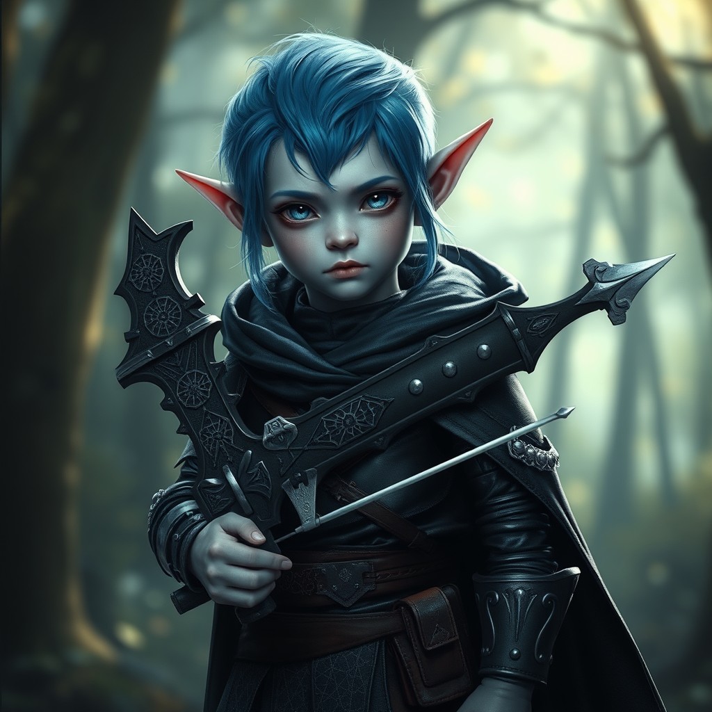 A 99-year-old dark elf child with striking blue hair and silver eyes, displaying a bluish-white skin tone with an ethereal glow