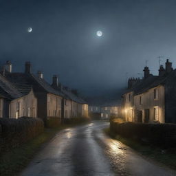 Visualize a dark, winding road with a sparse scattering of dimly lit houses on the left, bathed in pale moonlight, creating a sense of isolation and solitude.