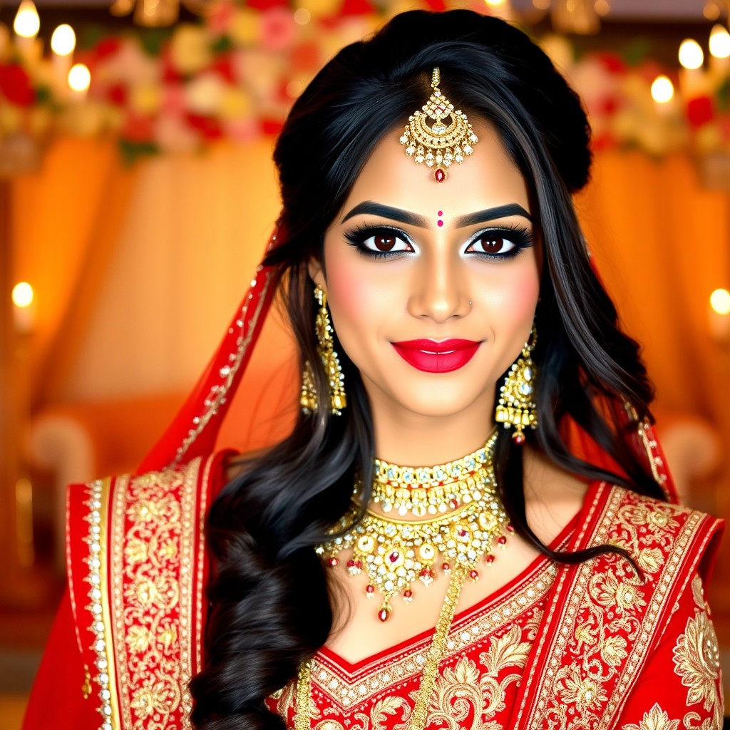 A beautiful Indian bride, 22 years old, adorned in traditional bridal attire