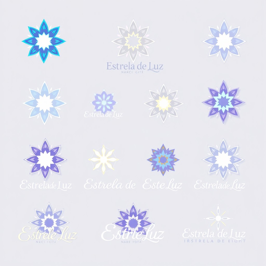 A variety of logo designs for a brand named 'Estrela de Luz', featuring different interpretations of a star symbol that radiates light