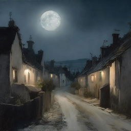 Visualize a dark, winding road with a sparse scattering of dimly lit houses on the left, bathed in pale moonlight, creating a sense of isolation and solitude.