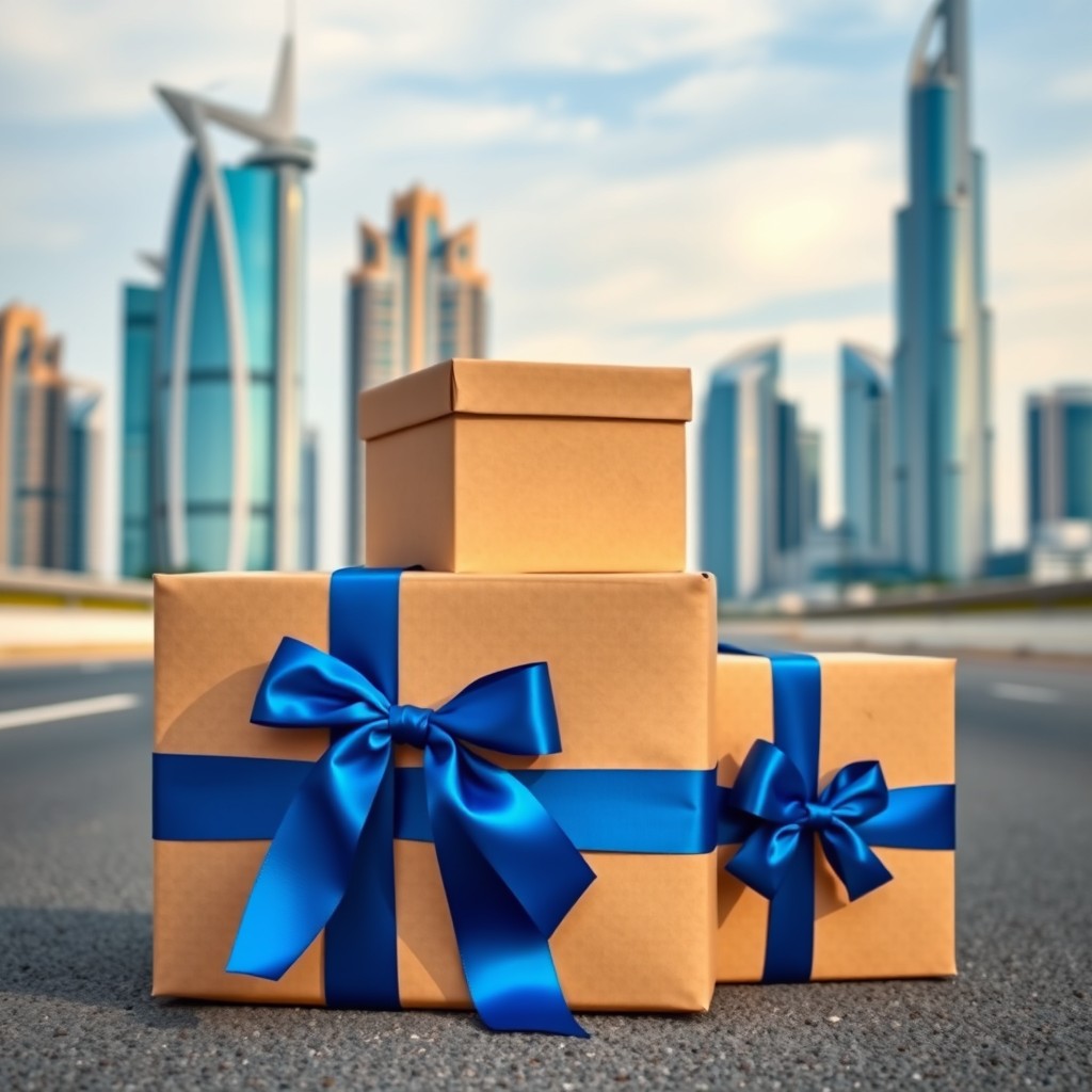 Three square carton boxes tightly arranged as a beautifully wrapped gift, adorned with a shiny royal blue ribbon