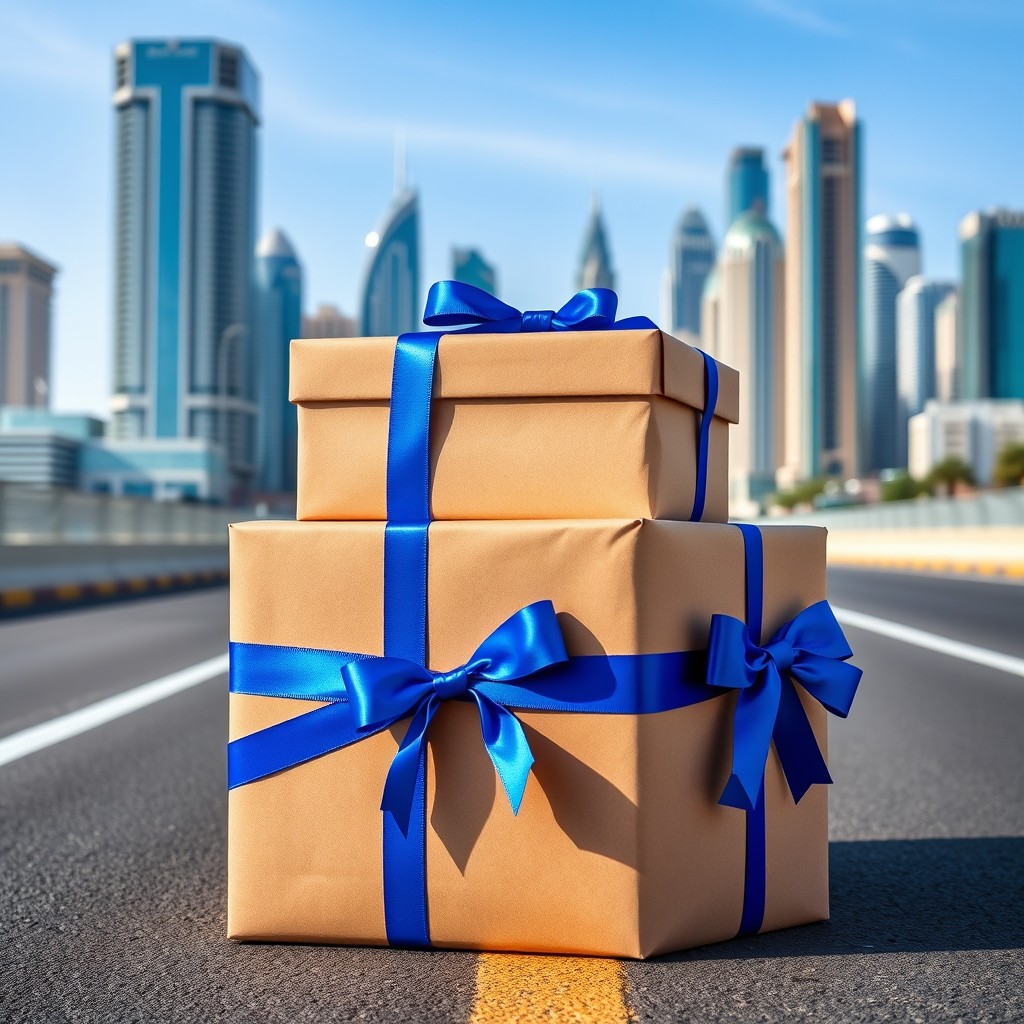 Three square carton boxes tightly arranged as a beautifully wrapped gift, adorned with a shiny royal blue ribbon