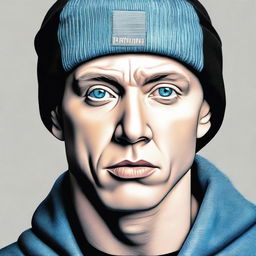 A realistic portrait of the rap legend Eminem. His icy blue eyes are thoughtful yet fierce, his stubble neatly trimmed, and a classic black beanie covering his blonde hair. He is captured in his iconic confident and serious pose.