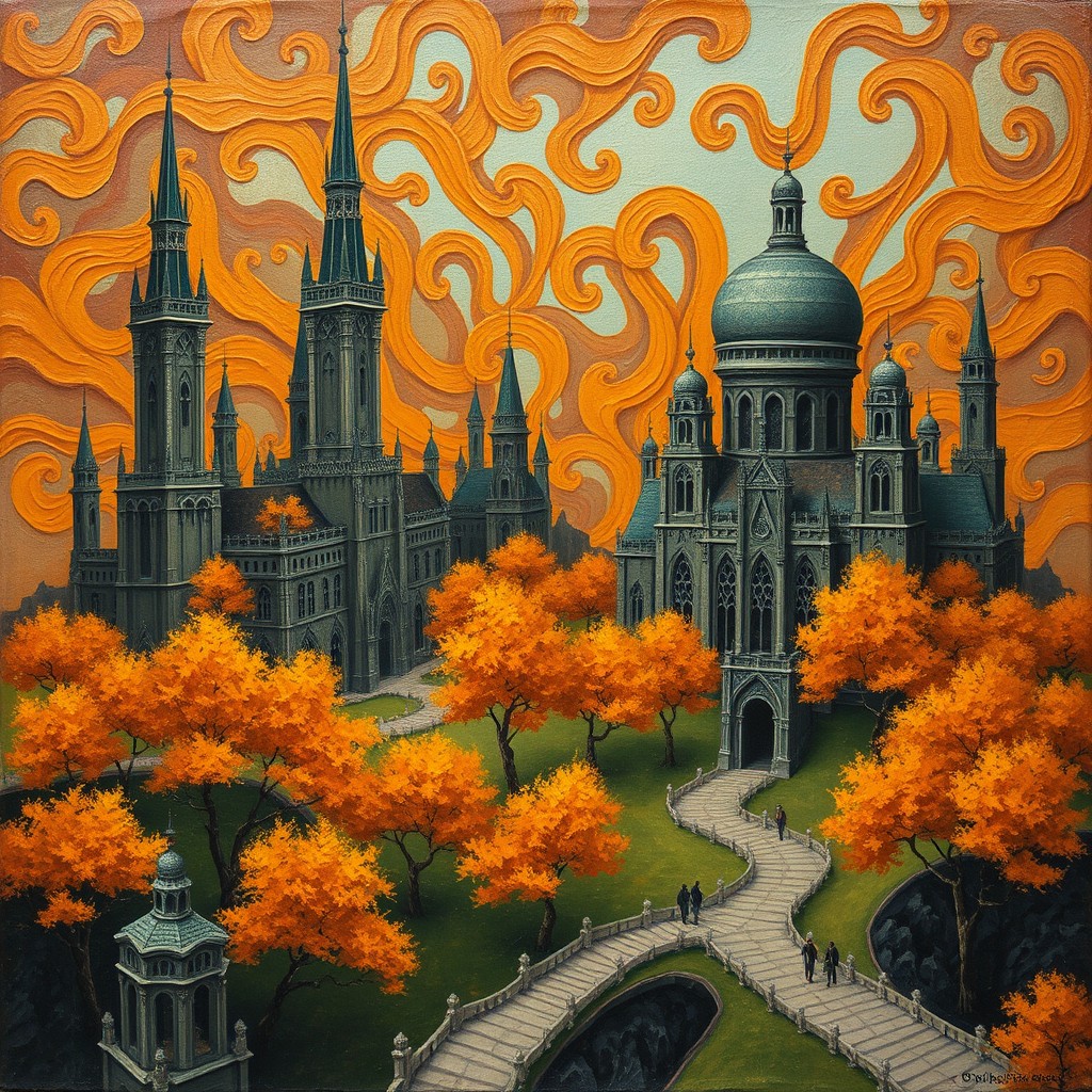 A fantastical cityscape characterized by intricate architecture featuring towering spires and domes, surrounded by vibrant autumn trees with orange and yellow foliage