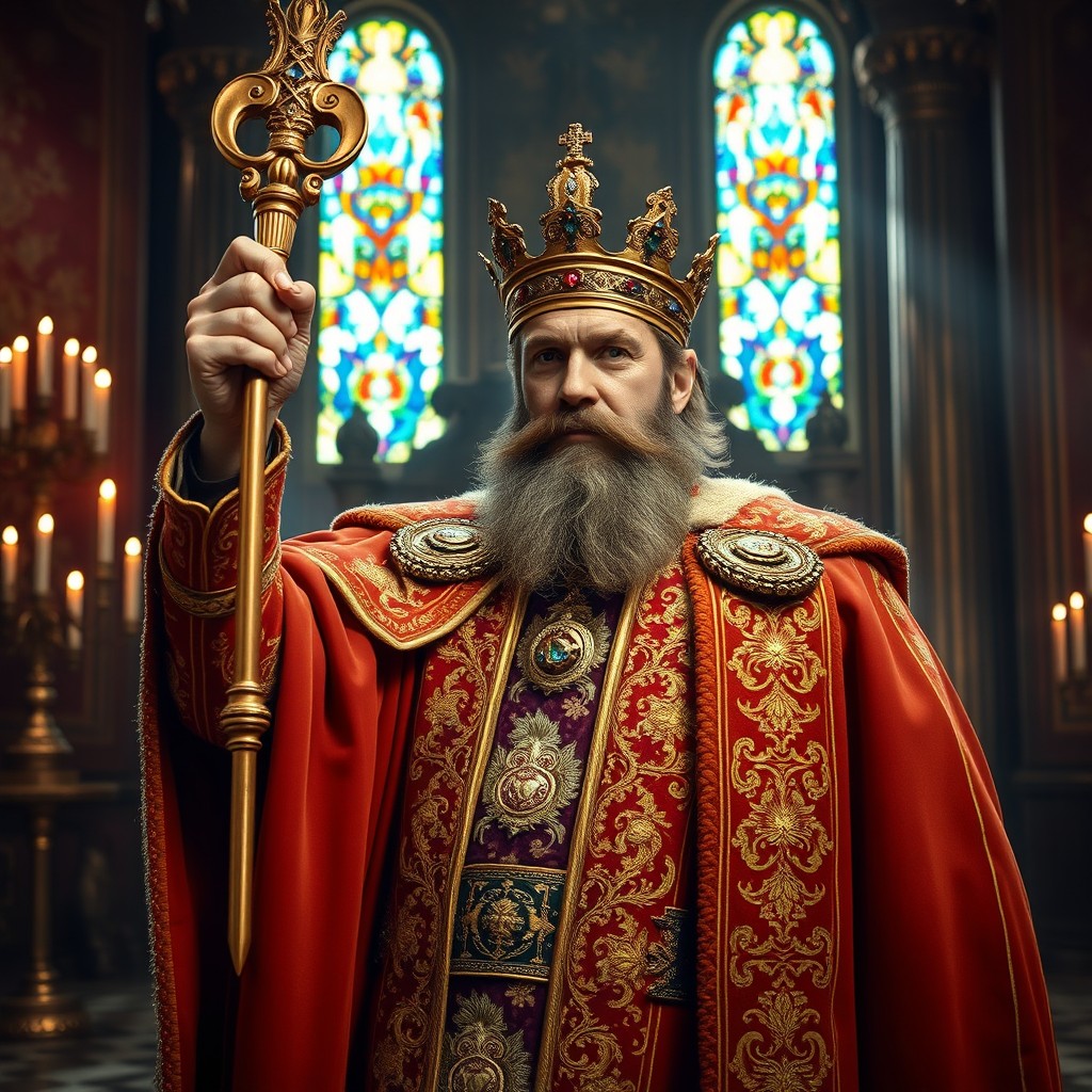 A regal king raising his ornate scepter, symbolizing power and authority, adorned in a grand robe embellished with intricate gold embroidery