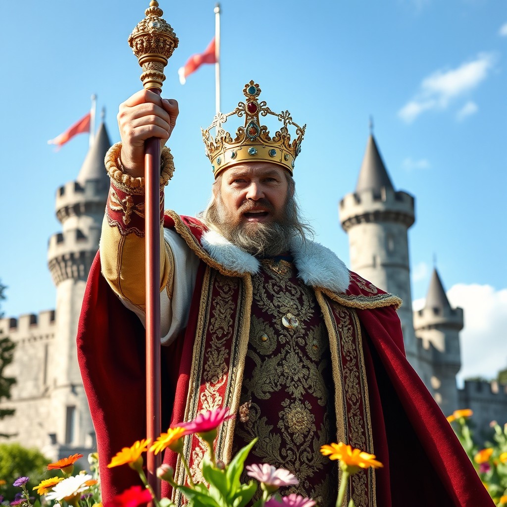 A regal king standing outside a grand castle, raising his ornate scepter high in the air to signify strength and authority