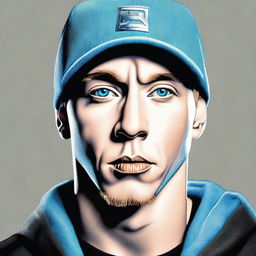 A realistic portrait of the rap legend Eminem. His icy blue eyes are thoughtful yet fierce, his stubble neatly trimmed, and a classic black beanie covering his blonde hair. He is captured in his iconic confident and serious pose.