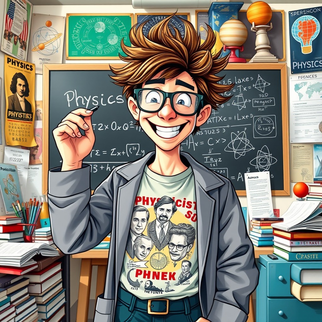 A quirky and passionate physics nerd character with wild, tousled hair and stylish glasses, deeply engrossed in a complex mathematical equation on a chalkboard