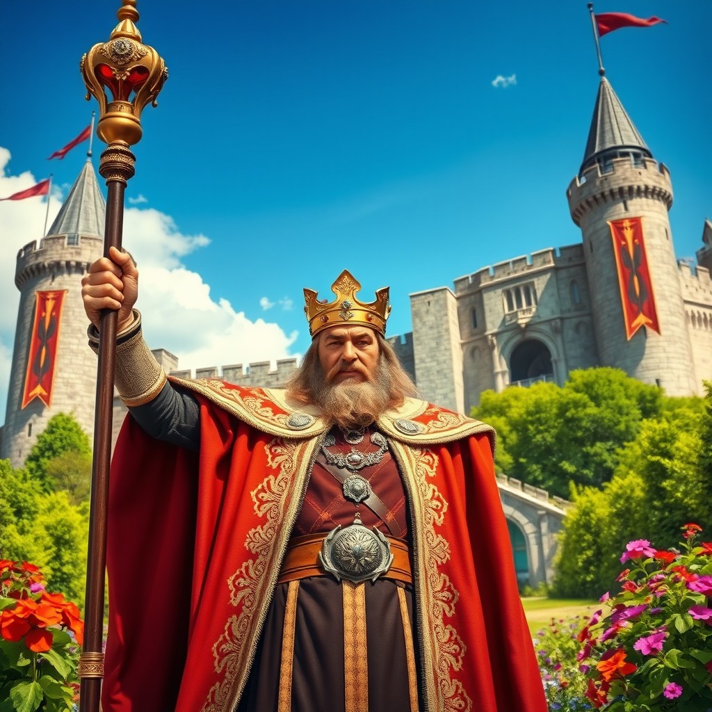 A powerful king standing outside a magnificent castle, dramatically raising his imposing staff to showcase his authority