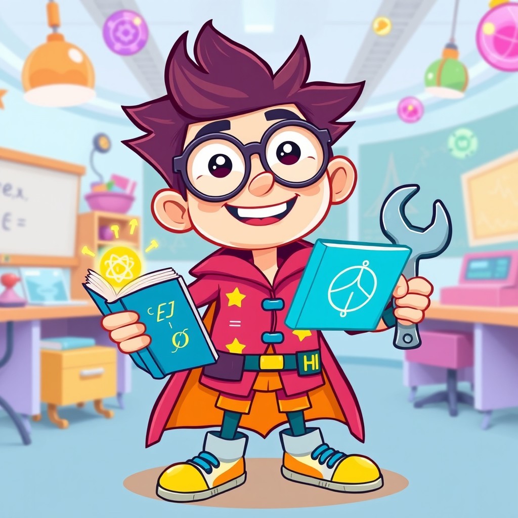 A dynamic and engaging physics nerd character designed for an educational platform with a gamified style