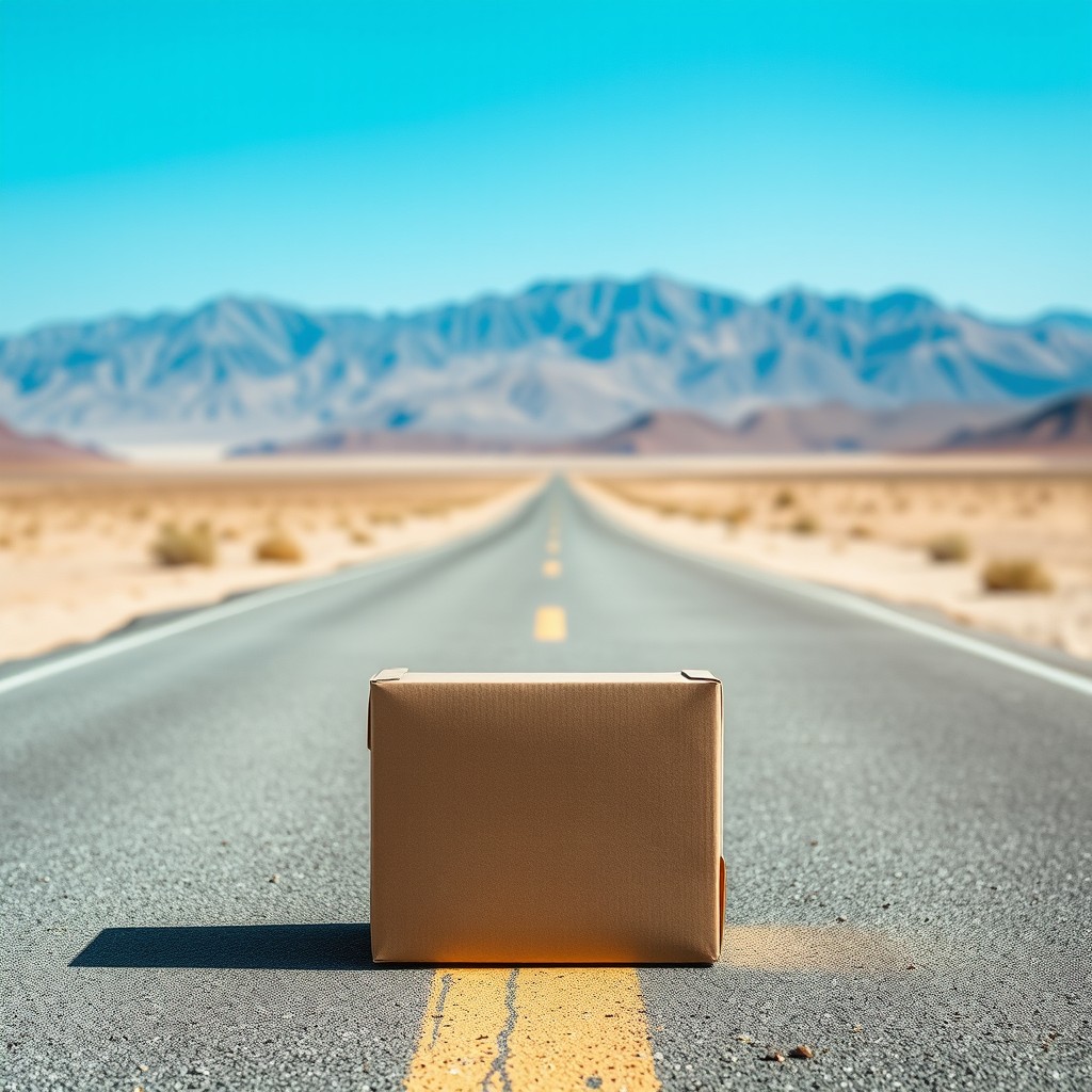 A single carton box placed on a quiet road, with a stunning desert landscape in the background