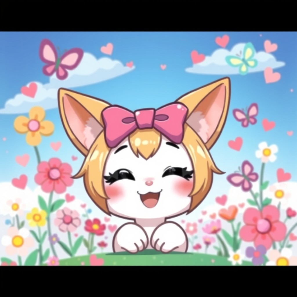 A cute and colorful illustration of a cartoon character resembling a cat with a pink bow on her head, smiling cheerfully, surrounded by a whimsical background of flowers, hearts, and pastel colors