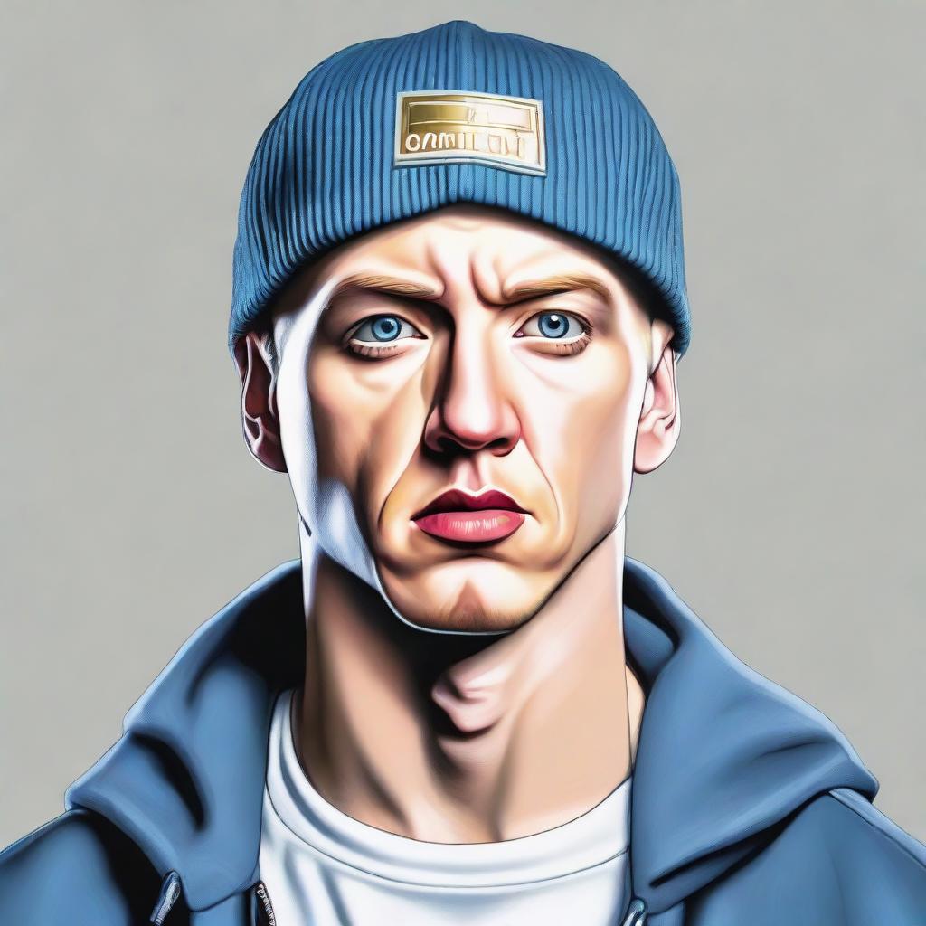 A realistic portrait of the rap legend Eminem. His icy blue eyes are thoughtful yet fierce, his stubble neatly trimmed, and a classic black beanie covering his blonde hair. He is captured in his iconic confident and serious pose.