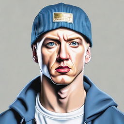 A realistic portrait of the rap legend Eminem. His icy blue eyes are thoughtful yet fierce, his stubble neatly trimmed, and a classic black beanie covering his blonde hair. He is captured in his iconic confident and serious pose.