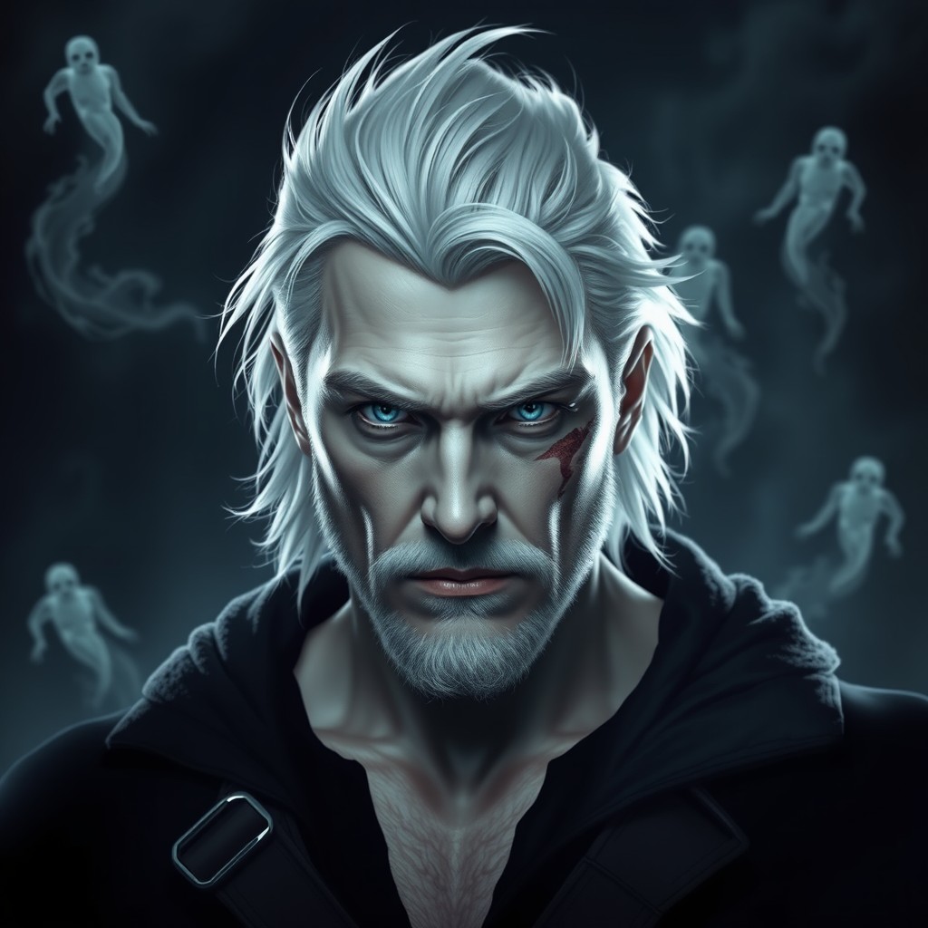 A sturdy-built white-haired man with pale skin stands at the back of a dark, eerie environment