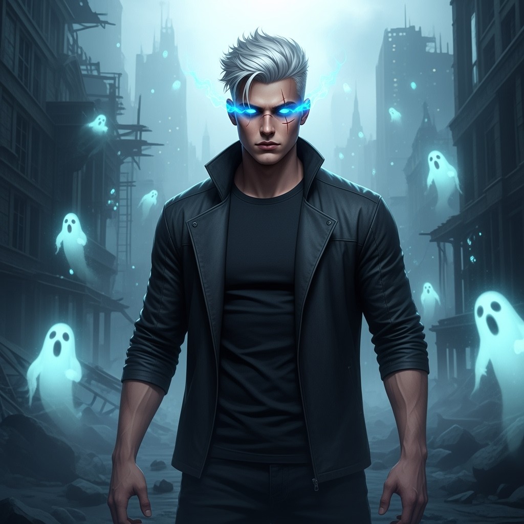 A fantasy art scene featuring a realistic character, a strong-built 20-year-old man with white hair standing confidently in the center