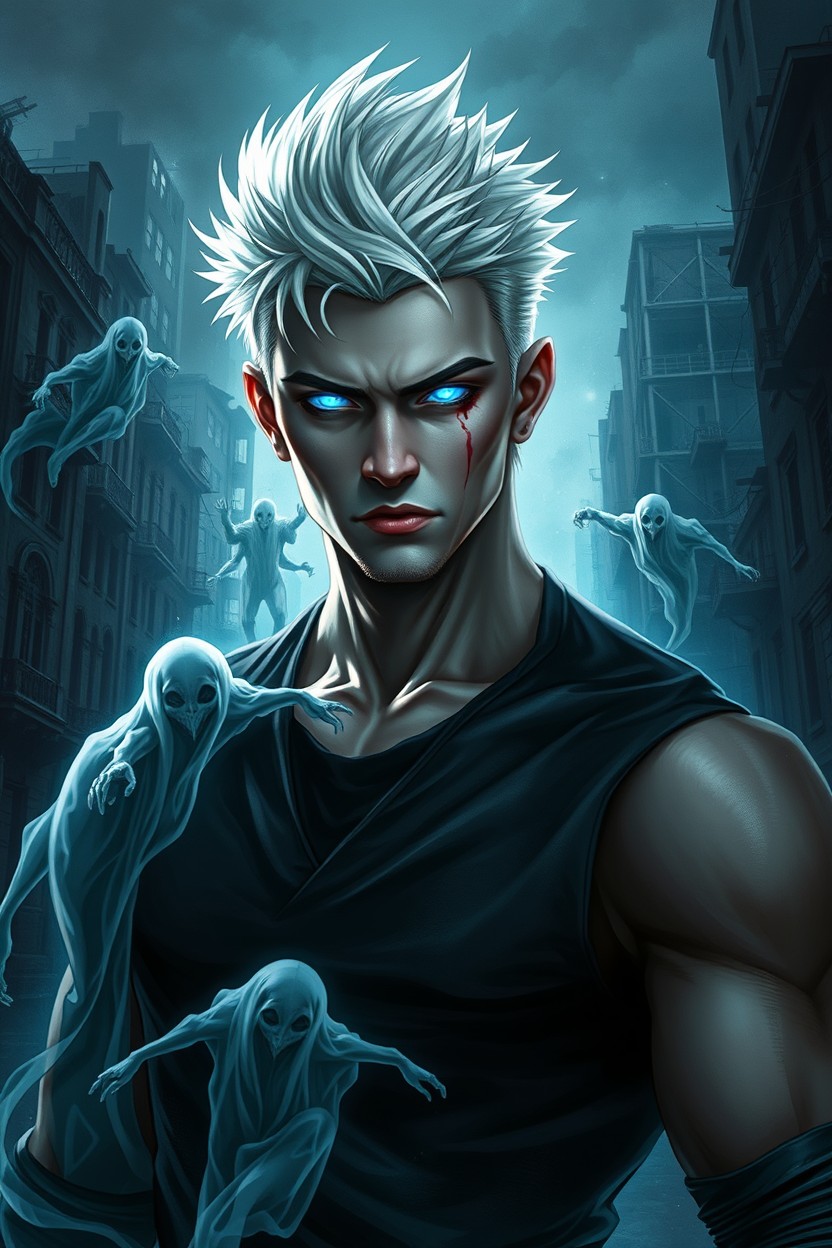 A fantasy artwork depicting a realistic white-haired man, strong build, 25 years old, standing confidently in the center of the image