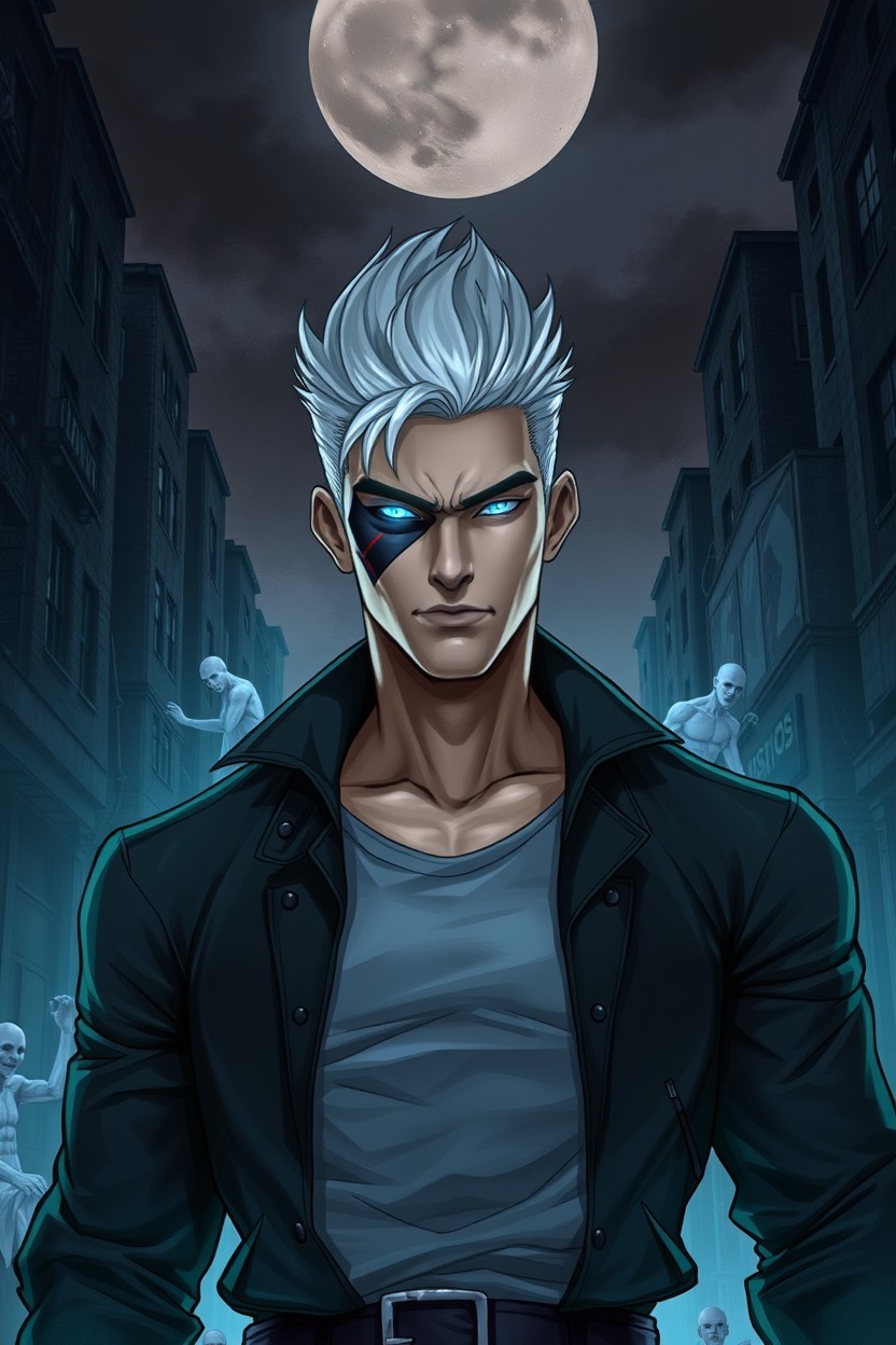 A realistic character illustration featuring a strong-built, 25-year-old man with striking white hair