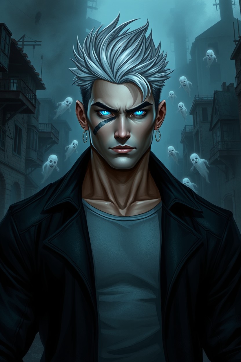 A fantasy art depiction of a realistic character, a strong-built 25-year-old man with white hair